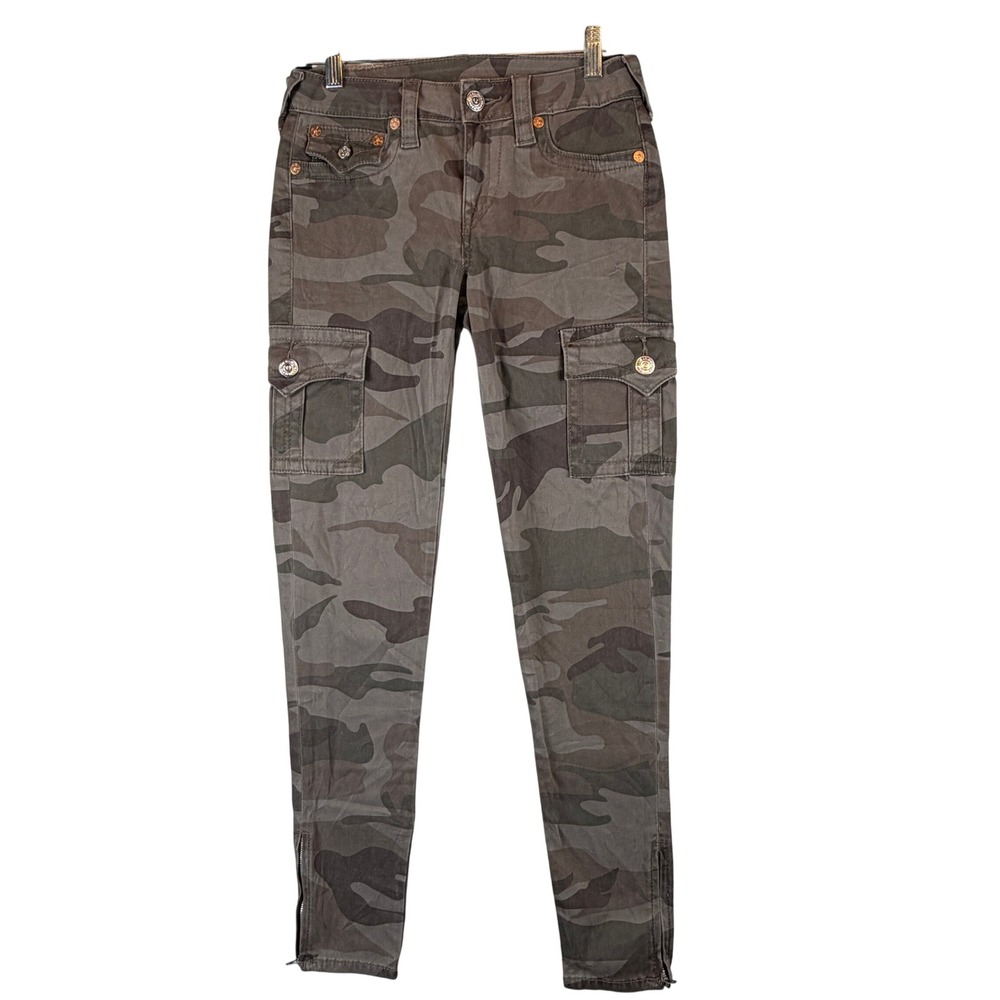 True Religion Super Skinny Cargo Pants 27 Green Camo Camouflage Zipper Ankle